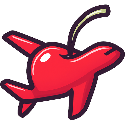 Minimalist flat vector logo of a small airplane with a glossy red cherry as its body, cherry stem curving upward like a tail, sleek modern lines, soft shadows, clean white background, travel-themed, luxury yet playful vibe, simple and bold design.