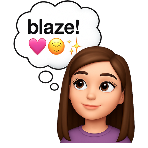 White girl with long brown hair and brown eyes with long lashes with a thought bubble that says “blaze! 🩷😊✨”