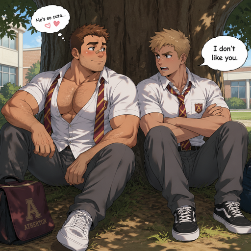 A Full Body view of a Chunky medium sized but Muscular and more Muscle than Fat ANIME CUTE Bara Man Who looks Normal and American with a round facial Structure and Basic facial structure With PUFFY and BIG Pecs that are visible through the shirt and Biceps with a cut on his nose. Wearing an unbuttoned School Uniform. Sitting by his crush on a tree and looking into his eyes and tinking he’s cute. His crush says “I don’t like you”