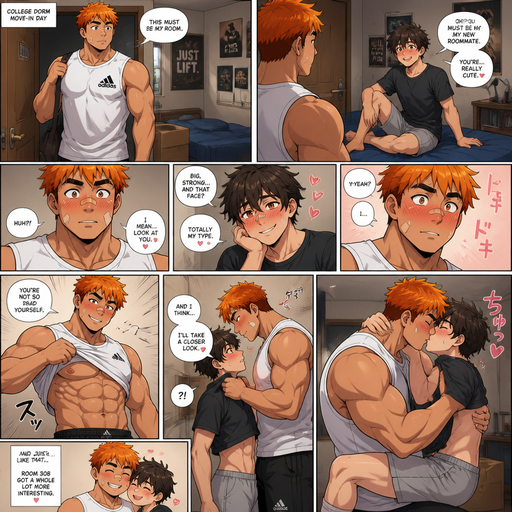 A Full page Anime Comic book story about of a masculine and Bulky ANIME Cute Bara Man American 20 year old with a ROUND and BASIC facial structure and TENAGE BARA CUTE MALE not to detailed With bigger than average Pecs that are visible through the shirt and Biceps and a big Bandaid on his nose and Left Cheek and Right Eye brow. Wearing a no piercings Baggy White sleeveless Adidas Athletic shirt and Short and Orange Hair and Brighter Orange Hair Tips and Strait with brown eyes and black eyebrows. Finding his new roommate In there college dorm blushing and verbally flirting giving him a smile and then He blushes hard. And says you’re not so bad yourself wnd wile he says that he lifts his shirt and shows his abs and cause he’s hot and then But sense he’s taller he picks him up by the call at and kisses