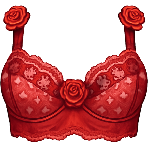 Red lace Victoria’s Secret bra with red and pink lace pattern with hearts. There is red silk underneath that. There are roses on the straps and in the center