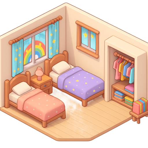 Two girl’s beds with nightstand/laundry-hamper in between with one window behind nightstand with rainbow star curtains and another smaller window to the right next to one bed with same curtains and walk-in closet full of girls clothes on other side of room towards the foot of beds with a book stand to the right of closet on the outside