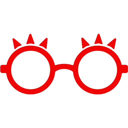 Red circular glasses with three small triangles at the top of each spaced evenly, resembling eyelashes