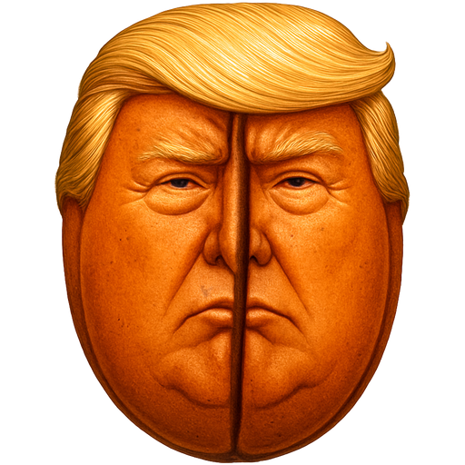 An orange coffee bean who looks a little bit like Donald trump, with his whole face divided like a coffee bean