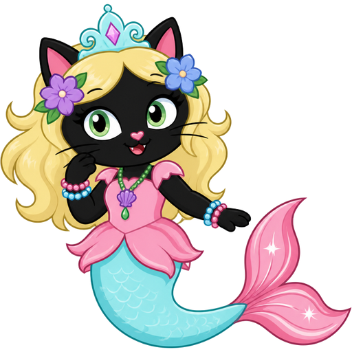 black cat with light yellow hair purple and blue flowers light cyan crown purple and green necklace pink and blue bracelets pink dress attached to long light cyan mermaid tail with pink tail fins with white highlights (star vs the forces of evil)