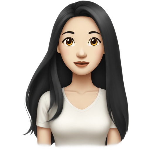 a woman with long straight black hair with soft loose curls at the ends, pale porcelain white asian skin, wearing a white top