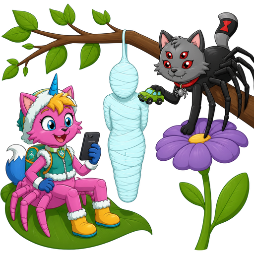 #B8FFFF sticky slik mummy-like-cocoon human entombed wrapped up and mummified fully covered in a #B8FFFF spider slik cocoon shaped like human with arms behind back with #B8FFFF spider slik wrappings completely covered with thick layers non-transparent #B8FFFF spider slik wrappings #B8FFFF hanging to branch next to Furuko the spider cat grey cat black arms and legs white belly fur six eyes red hourglass marking on tail red collar with spider charm holding a toy green car on purple flower next to happy pink cat anthro furry boy drider with yellow hair blue and white tail white wrists blue hands white socks yellow boots green collar blue unicorn horn based on unikitty wearing everest's hat and everest's clothing with everest's backpack holding Samsung phone on leaf