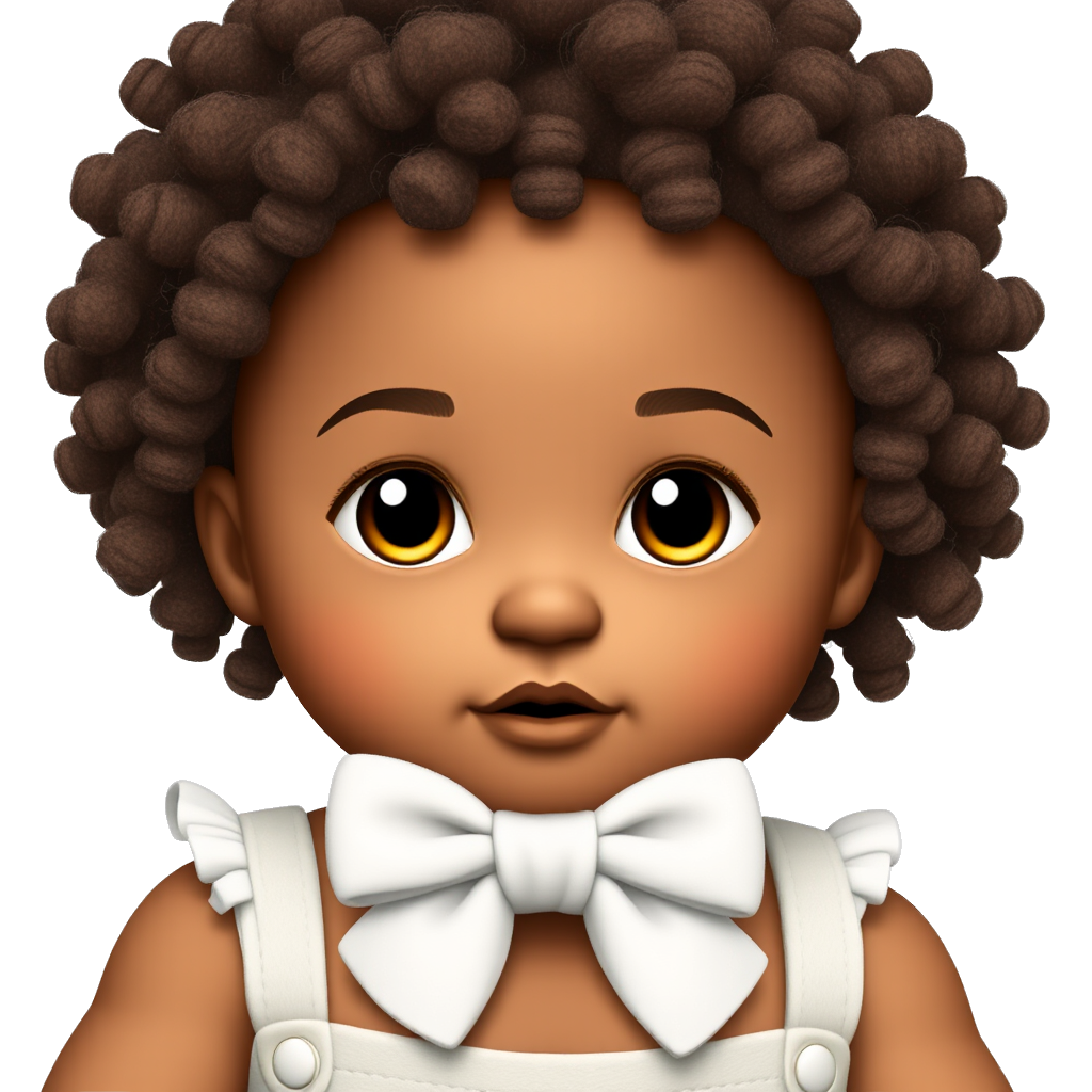 "Charming brown skin baby with hazel eyes, curly 3A hair, wearing a cute bow, soft pastel background, dreamy aesthetic."