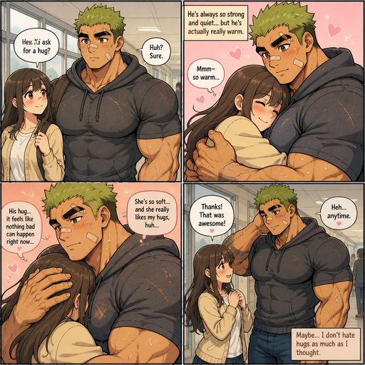 Comic book story about of a Tall and More lean and INTIMIDATING Frame that’s Bulky and Beefy and every Muscle is bigger than average and less shredded or muscular with Chunky and Bulky chest and Biceps and his defined abs ANIME Cute Bara Man American 20 year old with a ROUND and BASIC facial structure and Young Adult BARA CUTE that is Peach Toned skin not anything else MALE not to detailed With bigger than average Pecs that are visible through the shirt and Biceps and a big Bandaid on his nose and Left Cheek and Right Eye brow with Scars all over his Chest and arms. Wearing a no piercings Wearing a Hoodie and Jeans under around the waist with and pants pants and drenched in sweat and Short and Green Brown Hair and Bright Light Green fluffy Hair and Strait with brown eyes and black eyebrows with a Three finger Slash on his Eyebrow. With no Facial Hair. Walking with his crush at school she tells ask for a hug and he does and she loves it cause he’s warm