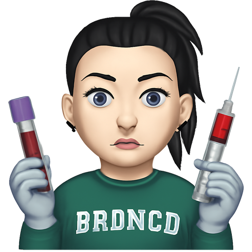 A woman with white skin, a septum ring, long black hair pulled straight back into a messy folded over top ponytail, thin high arched eyebrows, pale blue eyes, wearing a green ford bronco sweatshirt, wearing light grey latex gloves, holding a purple top tube of blood and a syringe half full of blood