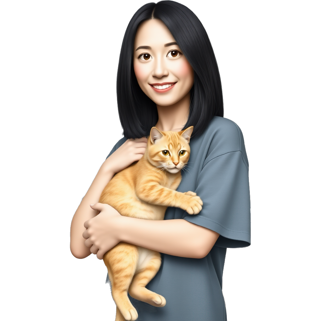Shoulder length, black hair woman wearing short sleeves, holding an orange cat, with a living room background