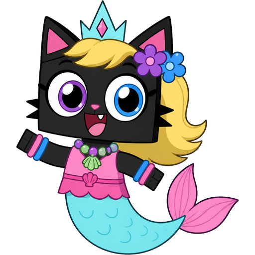 black cat with light yellow hair purple and blue flowers light cyan crown purple and green necklace pink and blue bracelets pink dress attached to long light cyan mermaid tail with pink fins based on unikitty
