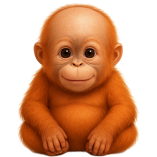 Full body cute chubby baby orangutan sitting down. Make it recognizable as a baby orangutan and not a monkey. It should be both realistic and stylized. It should have a bald forehead, small ears, bright orange fur. Take your time to make the head as cute and detailed as possible