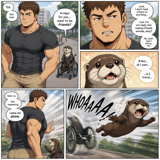 A DETAILED AND LIFELIKE ANIME Comic Book story view of a Bulky but Muscular ANIME Cute Bara Man With Peach toned skin Who looks Normal aind round facial Structure and Basic facial structure With Puffy and Big Pecs that are visible through the shirt and Biceps and Bandaid on his nose and Brown short hair. Wearing normal clothes. And doesn’t like the otter, An otter in a dog wheel chair asks for Friends but flys out of his Wheel chairs