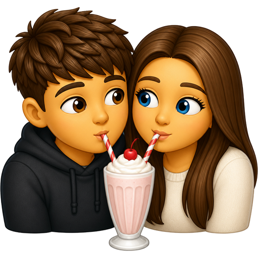 Make a couple with brown hair, the guy has textured fringe and brown eyes and the girl has straight hair and blue eyes they are sharing a milkshake