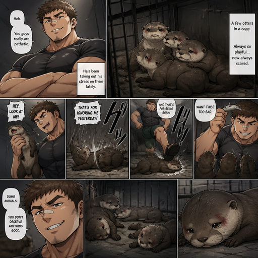 A DETAILED AND LIFELIKE ANIME Comic Book story view of a Bulky but Muscular ANIME Cute Bara Man With Peach toned skin Who looks Normal aind round facial Structure and Basic facial structure With Puffy and Big Pecs that are visible through the shirt and Biceps and Bandaid on his nose and Brown short hair that makes them look tough. Wearing normal A Few otters in a cage. and the otters excessively got bullied by him. And it lays there in Sadness.