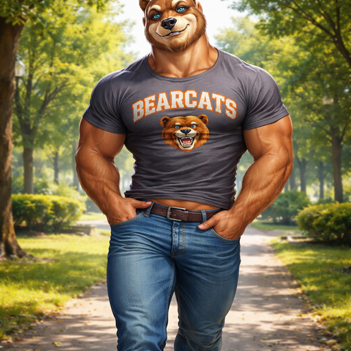 A Full Body Image of a Hunky and Chunky a Very Hot and Handsome Bear bara furry who is a Muscular but not to muscular and Extremely Chiseled Body features Masculine and Handsome and Ginormous Arms and a Rounded Pecs Short Strait Hair but tall and very lean. Wearing a Bagy School spirit Shirt that is Short around the waist and Jeans. Walking In the Park with his hands in his pocket