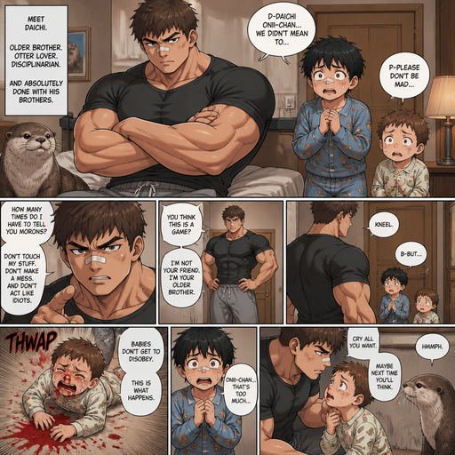 A DETAILED AND LIFELIKE LONG Anime Comic Book story view of a Bulky but Muscular ANIME Cute Bara Man With Peach toned skin Who looks Normal aind round facial Structure and Basic facial structure With Puffy and Big Pecs that are visible through the shirt and Biceps and Bandaid on his nose and Brown short hair that makes them look tough. Wearing normal With his pet Grown and healthy realistic otter and 2 little brothers that are in different ages but young. Him and he hates both of them and they’re both scared of him and he disciplines the baby and red comes from the baby’s nose and al around him with cute pajamas