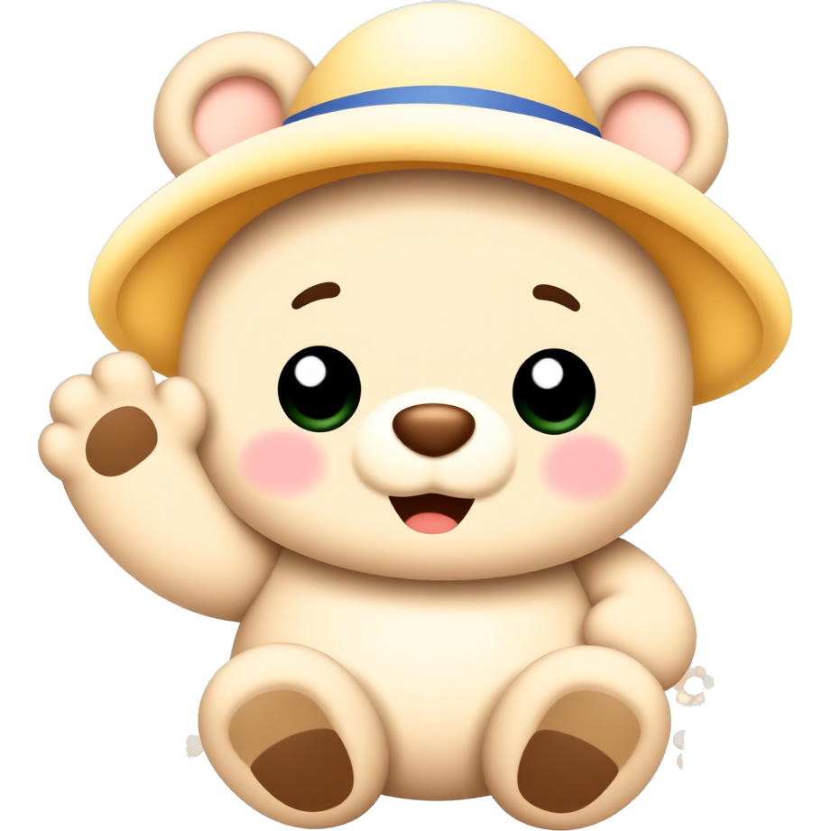 πβ¨Kawaii Hello!β¨π A chubby, pastel-colored bear wearing a vibrant sun hat, waving with sparkly eyes! Surrounded by tiny, blushing hearts and smiling flowers, all in cheerful colors. π»ππΈπ