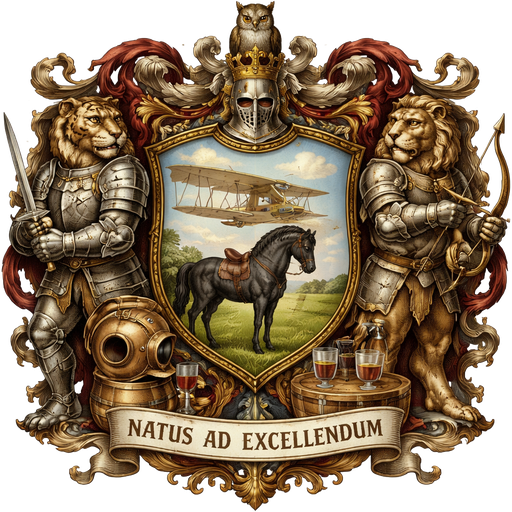 Create a medieval style coat of arms with the main elements of aviation (with the use of the original Wright flyer with no modern features added) and equestrian (with the use of a saddled black friesian horse). Secondary elements includes diving (with the use of a old style copper and brass diving helmet) and wooden barrel with a glass of wine and a glass of whiskey on it. Main components shall take up more space than secondary elements. Include an owl in the crest part of the coat of arms. Use an armoured tiger holding a sword representing the fencing element and an armoured lion holding a bow and arrow representing the archery element as the shield supporter. Include the latin phrase “natus ad excellendum” in all caps as the motto on the bottom banner using the font gothic script