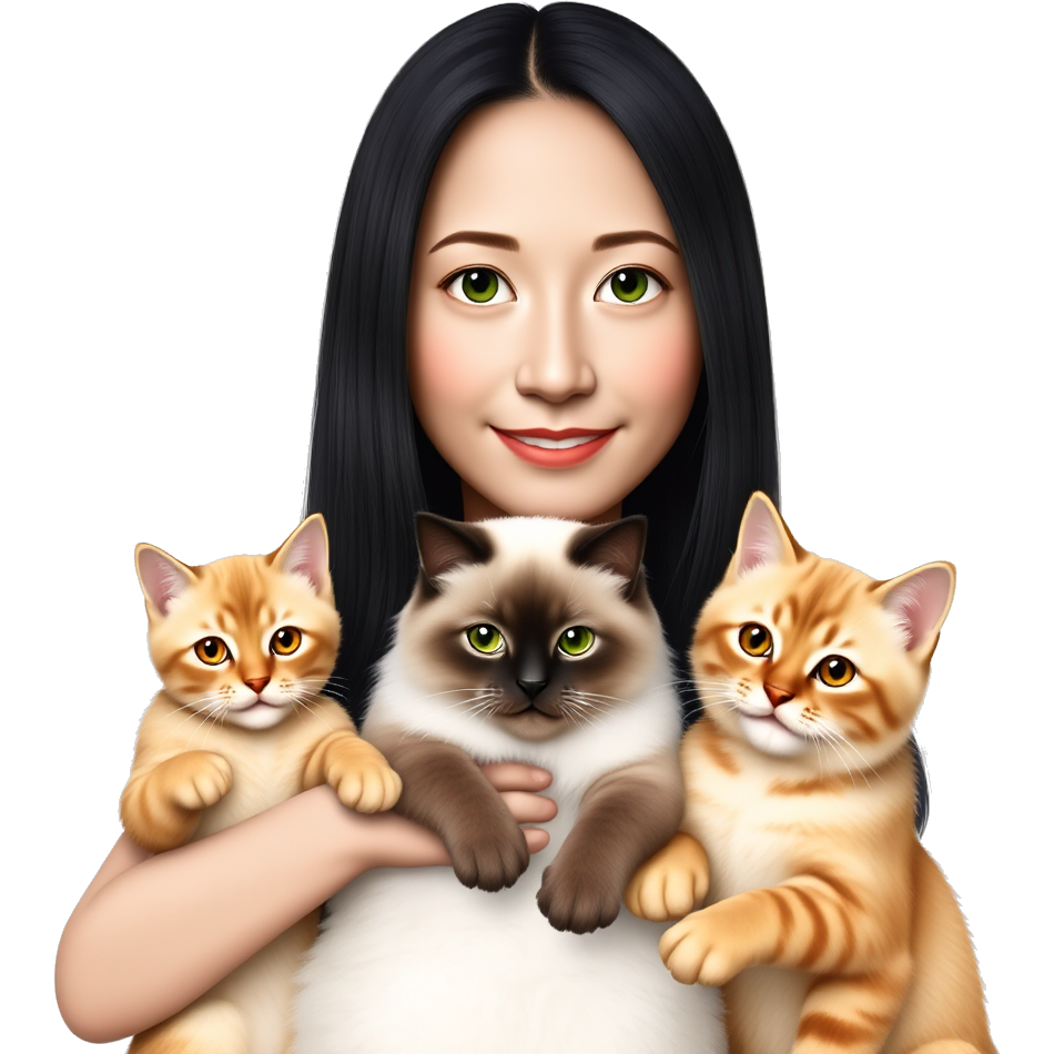 A Asian woman with long straight black hair and green eyes,she hold a beautiful ragdoll cat and two golden bengal cats