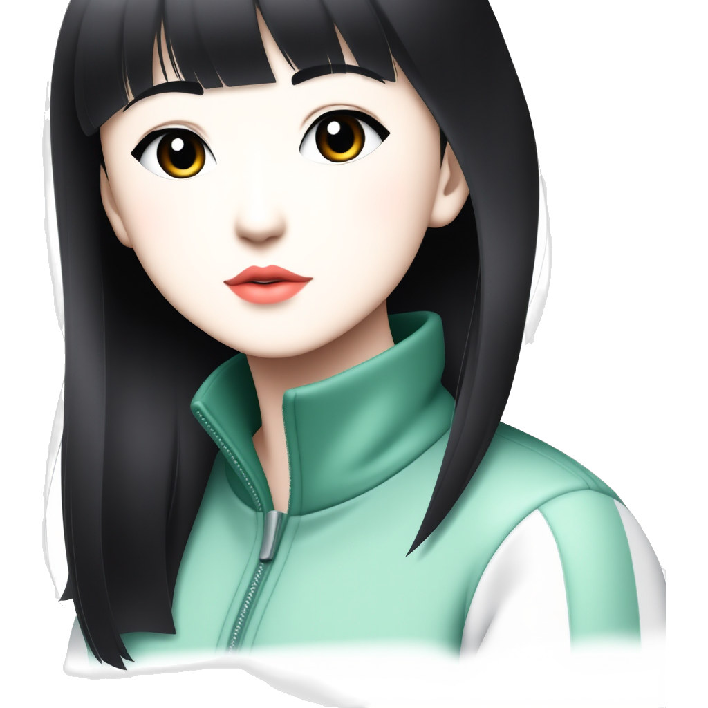 It is a girl. Her skin color is milk-white. Almost pale. Her hair is black, low-bun style. She also has bangs. She has pink colored lips, which is glossy. Her eyelashes are long. She has single eyelids. She wears green addidas zip ups. She has small earrings.