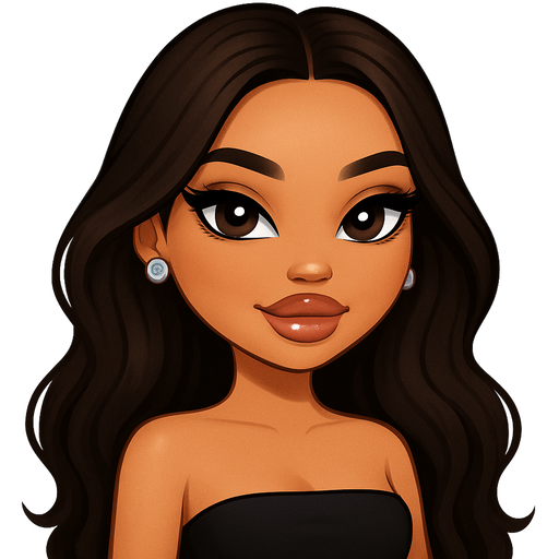 ghibli style bratz | glamorous medium tan lady | long wavy dark brown hair | diamond studs | clear lip gloss | black tube top