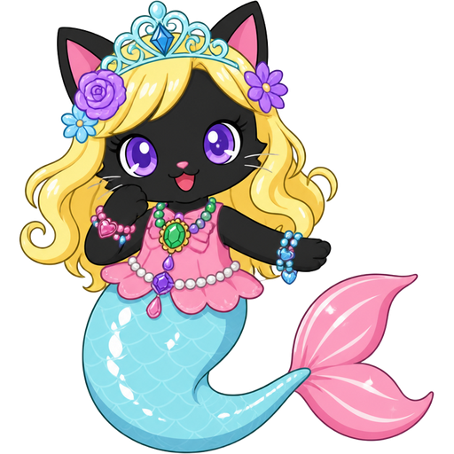 black cat with light yellow hair purple and blue flowers light cyan crown purple and green necklace pink and blue bracelets pink dress attached to long light cyan mermaid tail with white highlights with pink tail fins with white highlights ( based on Garnet (Jewelpet)