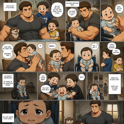A DETAILED AND LIFELIKE LONG Anime Comic Book story view of a Bulky but Muscular ANIME Cute Bara Man With Peach toned skin Who looks Normal aind round facial Structure and Basic facial structure With Puffy and Big Pecs that are visible through the shirt and Biceps and Bandaid on his nose and Brown short hair that makes them look tough. Wearing normal With his pet Grown and healthy realistic otter and 2 little brothers that are in different ages but young. At the house And the baby with his cute clothes on and already holding his hand he picks the little baby from his Wheelchair and Snuggles the baby and the baby got sad and it goes in a Wheel chair and doesn’t like the baby anymore and the baby doesn’t understand and it gets excessively bullied
