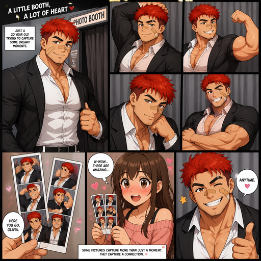 A Full page Anime Comic book story about of a masculine and Bulky ANIME Cute Bara Man American 20 year old with a ROUND and BASIC facial structure and TENAGE BARA CUTE MALE not to detailed With bigger than average Pecs that are visible through the shirt and Biceps and a big Bandaid on his nose and Left Cheek and Right Eye brow. Wearing a no piercings Black suit a White and Pants and Bright Red Hair and Bright Orange Hair Fluffy Tipesand Strait is wearing a Motorcycle haircut with brown eyes and black eyebrows. Taking Hot, Dreamy and Attractive Photo and flexing in a Photo Booth. And then gives them to Olivia and she Blushes. And He Winks and says anytime.