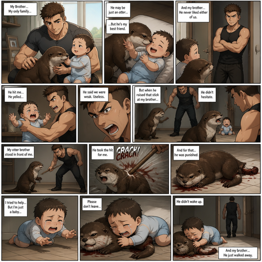 A DETAILED AND LIFELIKE LONG ANIME Comic Book story view of a Bulky but Muscular ANIME Cute Bara Man With Peach toned skin Who looks Normal aind round facial Structure and Basic facial structure With Puffy and Big Pecs that are visible through the shirt and Biceps and Bandaid on his nose and Brown short hair that makes them look tough. Wearing normal With his pet Grown and healthy realistic otter. And had a brother infant baby And the otter sticks up fr the baby but the baby knows he‘s not enough and then flies to the wall from him and lays there and the otter looses his tail In discipline for defending him. And the baby watches everyhting crying and trying to help but isn’t strong enough and to small and the Brother hated them both the whole time and the otter didn’t wake up and the baby huged the otter and the baby can‘t speak the good English