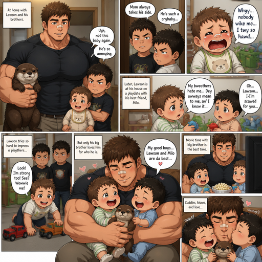 A DETAILED AND LIFELIKE and detailed anime Comic Book story view of a Bulky but Muscular ANIME Cute Bara Man With Peach toned skin Who looks Normal aind round facial Structure and Basic facial structure With Puffy and Big Pecs that are visible through the shirt and Biceps and Bandaid on his nose and Brown short hair that makes them look tough. Wearing normal With his pet Grown and healthy realistic otter and 2 little brothers that despises the baby and the baby knows and baby that are in different ages but young. At the house, the baby is with his best friend baby on a play date and the baby tells the baby‘s best friend that he isn’t favored by the brothers and the baby‘s best friend is scared and the brother‘s hate the baby. And the baby guys to impress the other brothers but the only brother that Lawson was the big one. And cries, and and speaks grammatically incorrect. and the big brother has so much fun with the babies and watches their show with them and cuddles and kisses both of them