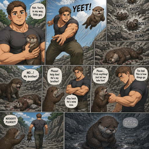 A DETAILED AND LIFELIKE ANIME Comic Book story view of a Bulky but Muscular ANIME Cute Bara Man With Peach toned skin Who looks Normal aind round facial Structure and Basic facial structure With Puffy and Big Pecs that are visible through the shirt and Biceps and Bandaid on his nose and Brown short hair. Wearing normal clothes. An otter and then he throws it at a rock, and it rolls down rocks and lays there unable to move. And the otter’s twin comes and the otter’s twin Try’s to take him and Fix him but the human don’t let him and the otter twin begs. And the otter’s twin cries when he is taken away and sits there broken