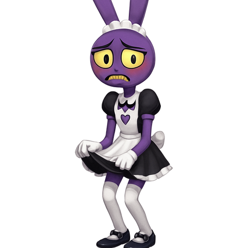 A purple tall 6’2 inches tall lanky bunny with a horizontally wide oval shaped head with a big frown with yellow teeth he lacks a nose and he has yellow sclera big eyes with black square pupils with a sharp long black eyeliner with a white maid headband and a black and white maid dress with a white collar on his neck with an apron and a short skirt with white gloves with a heart cut out near his chest exposing his purple chest and white long stockings with black lines on the top and black Mary-Janes shoes with black bow ties on it with an embarrassed expression on his face as he blushes hiding his skirt make it look more like art less than cartoonish make his face look hot and cute NOT UGLY make him very cute and very sexy