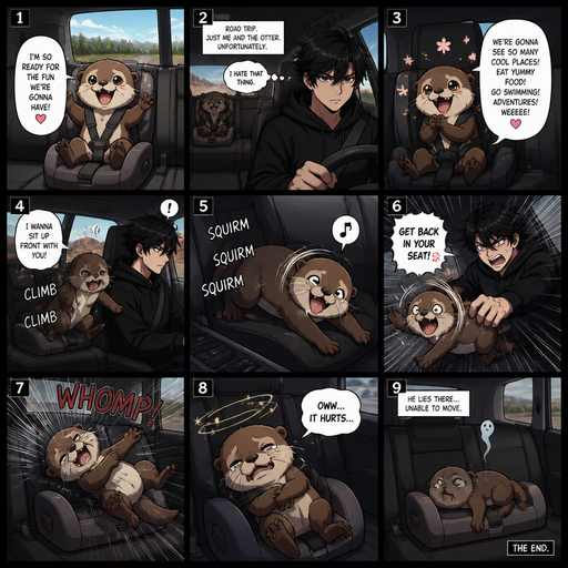 A comic book Picture by picture and shows impact of a A otter that is in his booster seat in the back and talks about how ready he is for the fun there going to have and also in the car his Cute and Handsome owner who hates the otter wearing a Black Hoodie and Shorts owner who is on a road trip with his otter in the back and the otter climes to the front and Squirms in the front seat and is thrown back into his chair says it hurts. And he lays there and can’t move