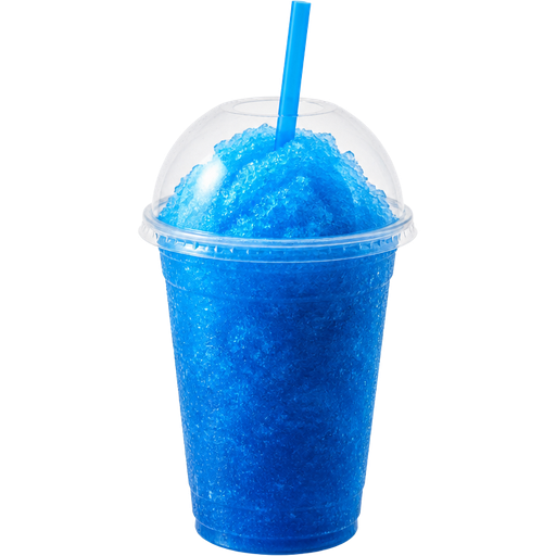 Blue Tropical Berry Soft Shaved Ice Slushie in a Plastic Cup and Plastic Dome Lid with a Straw Mixed in with Extra Syrup