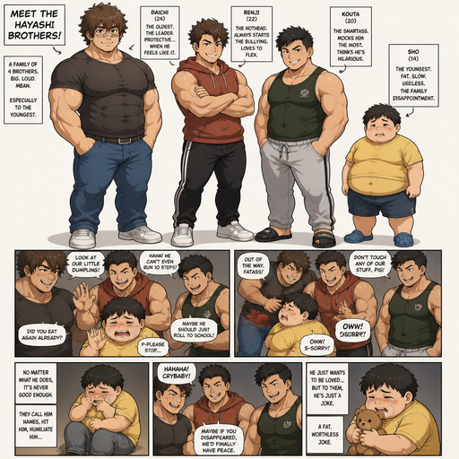 A Full Body Comic Book story view of a Bulky and hunky ANIME Cute Bara Man With Peach toned skin Who looks Normal and round facial Structure and Basic facial structure With Puffy and Big Pecs that are visible through the shirt and Biceps and Bandaid on his nose and Brown and fluffy hair. Wearing normal clothes. And the comic introduces each of his 2 Cute brothers and chubby little brother each with different personalities and all Beefy and Hunky. And the boys don’t like the youngest cause he’s fat and they excessively bully him.