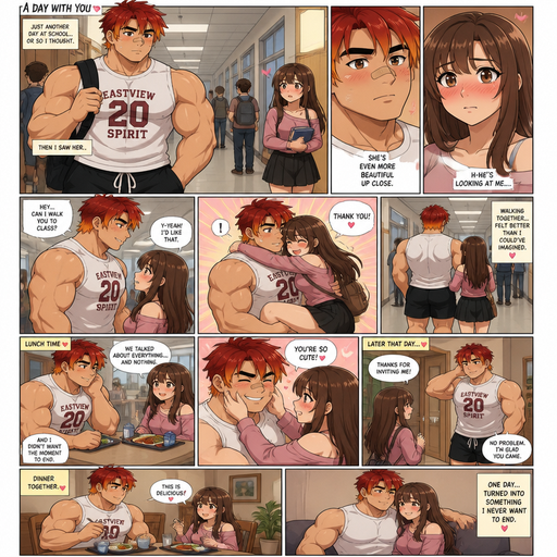 A Full page Anime Comic book story about of a masculine and Bulky ANIME Cute Peach skin toned Bara Man Bulky and Beefy Arms American 20 year old with a ROUND and BASIC facial structure and TENAGE BARA CUTE MALE not to detailed With bigger than average Pecs and Long head that are visible through the shirt and Biceps and a big Bandaid on his nose and Left Cheek and Right Eye brow AND EXTREMELY HANDSOME. Wearing a no piercings Baggy White Sleeveless spirit Shirt and Shorts and Red Hair and Bright Orange Hair Tips and Strait with brown eyes and black eyebrows and a slim Waist and Lower body but. At at school in the hallway, making eye contact with his girl crush. And she looks back at him and blushes, and he goes up to her and asks can I walk you to class she says yes and jumps on top of him hugging. And then later that day they talk all lunch and she pinch his cheeks and says he’s cute and then she goes to his house and they eat dinner together