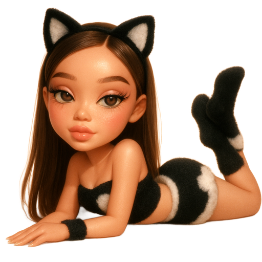 soft airbrushed glam, mini plush Bratz-doll aesthetic, cinematic glow, crisp clean detail, glossy soft skin. brown eyed skinny Petite girl, fair skin with soft freckles, wide face with tall forehead, honey-brown almond wide-set upturned eyes, fluttery lashes, shimmer highlight, plush lips, bottom heavy lip, sweet Belle-princess vibe, medium-long brunette hair with visible caramel highlights. softly defined feminine body, soft hourglass shape with full round bust, wearing a detailed black and white fuzzy outfit. dressed as a cat. hair sleek and straight side parted, hair over one shoulder. sleek almond nails. peachy-pink blush with shimmer highlight, glossy shimmer lips. lying on ground. full body showing.Cozy romantic glow, soft warm lighting, pop-princess energy