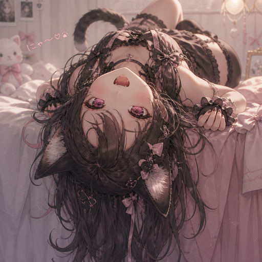 Cute cat girl laying down looking at you with her head lying upside down at a edge of a bed being cute and giving a cute meow