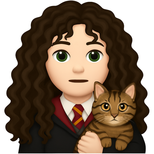 A very long haired Hogwarts stupent with pale skin and ver very long curly hair and green eyes holding a brown and black tabby cat
