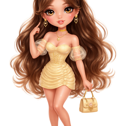 soft airbrushed glam, mini plush Bratz-doll aesthetic, cinematic glow, crisp clean detail, glossy soft skin. brown eyed skinny Petite girl, fair skin with soft freckles, wide face with tall forehead, honey-brown almond wide-set upturned eyes, fluttery lashes, shimmer highlight, plush lips, bottom heavy lip, sweet Belle-princess vibe, brunette hair with visible caramel highlights. softly defined feminine body, soft hourglass shape with full round bust, dressed as modern day chic Belle. hair like Belle. sleek almond nails. peachy-pink blush with shimmer highlight, glossy shimmer lips. posing. full body head to toe showing.Cozy romantic glow, soft warm lighting, pop-princess energy