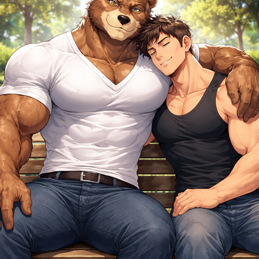 A Full BODY and FACE of a Muscular and Buff with Gigantic Pecs AND biceps. VERY Masculine and handsome Anime Bara Furry Grizzly Bear with a Very Good-looking and Mature Face and brown eyes with a wrestler type body. In a V-Neck Shirt at a Bench at the Park with his arm aroumd hia boyfriemd. With his Gigantic Muscular and Buff human boyfriend’s head on his shoulder