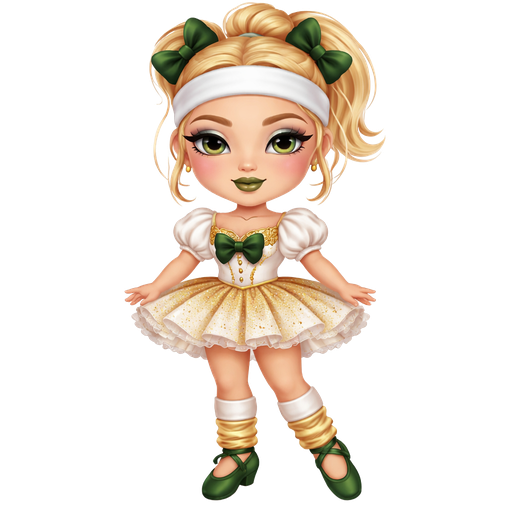 Banana Twirl with a Fair-Light Warm Soft Beige Skin Tone with a Full Lip Shape With a Slight Doll Eyelash Shape and A Dark Green Tinted Matte Lipstick with a Grey-ish Blue Eyeshadow and a Curved Round Eyebrow with a Almond Eye Shape and a Square Face Shape with Light Blonde Hair in a Short Ponytail Hairstyle in a Up Position With the Bows Being A Dark Moss Green With a White Sweat Band on Her Forehead Wearing a White Ballet Dress With the Skirt Being Gold and White Short Puffed Sleeves and the Center of Dress Has a Dark Moss Green Bow With the Strap Being White Wearing White Sweat Band Round her Knees and Gold Leg Warmers Round her Ankles and Dark Green Ballerina Slippers with Ivy-Green Eyes with a Mature Adult Toned Build and Vivid with 3D Distinct Features And High Visual Textures in a Soft 4K Intense Polished Shine