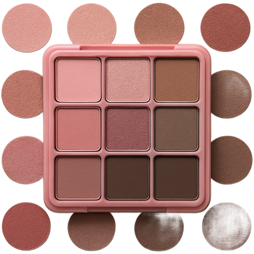 ultra realistic square black eyeshadow palette, 3 rows of 3 colors, make the plastic tray pink and the actual eyeshadow swatches pink and neutral tones, make the swatches round