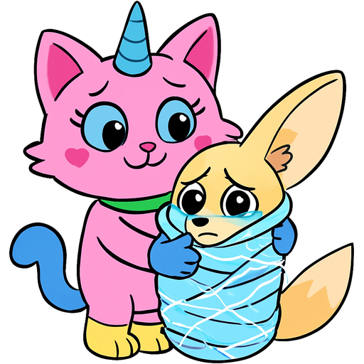 giant pink cat with blue unicorn horn green collar blue eyes with eyelashes heart shaped cheeks white wrists blue hands white ankles yellow feet blue tail and with white stripe happy hugging #B8FFFF slikworm cocooned pod fennec fox worried and teary eyes covered with #B8FFFF huge coating of #B8FFFF slik and huge #B8FFFF slik wrappings and huge #B8FFFF webbing wrappings #B8FFFF