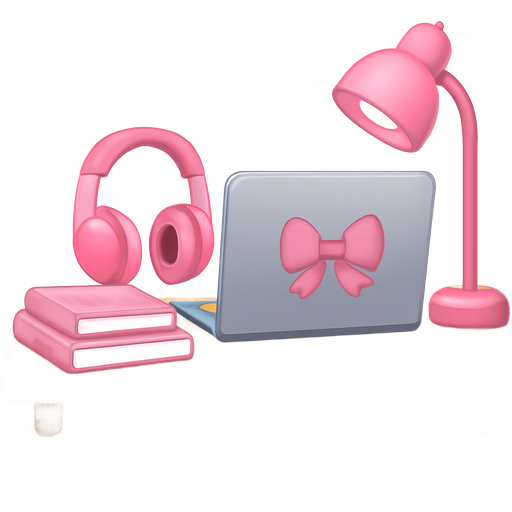 Dessine un bureau avec des trucs roses un casque audio et un ordinateur avec un stickers d’un noeud rose et une lampe cute et des livres roses empilés