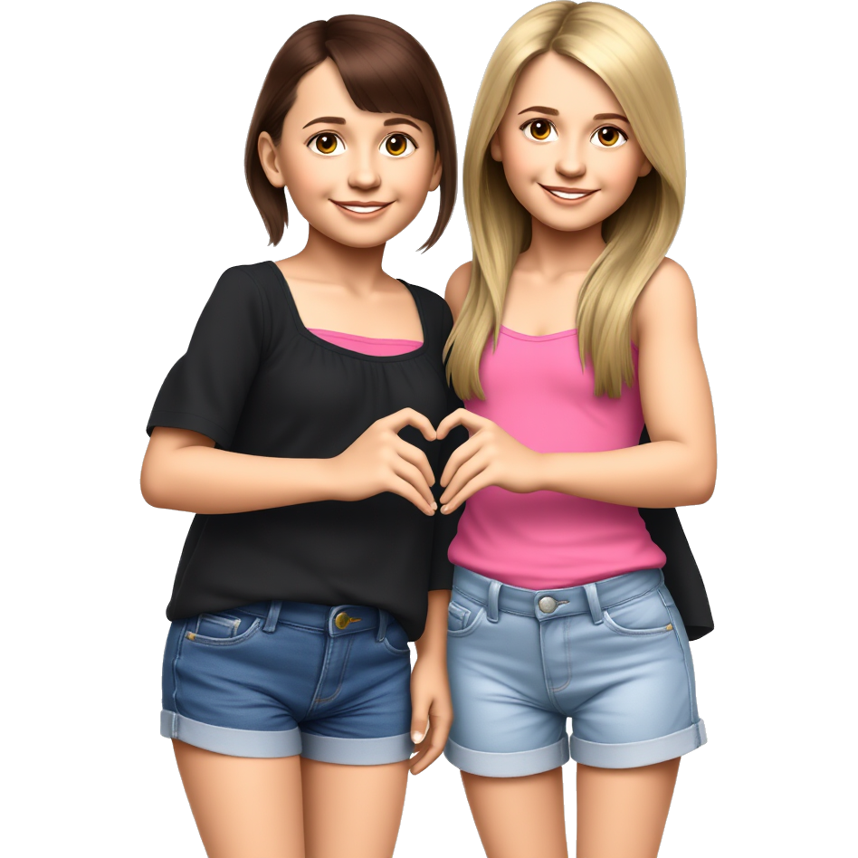 Two 11 year old pretty girls. With blue short shorts and black off the shoulder shirts and pink tank tops underneath. One hair and one with dirty blonde hair. Both making hearts with their hands a connecting them together.