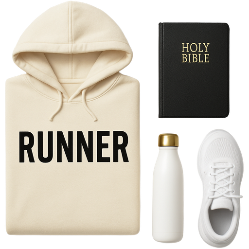 A cream coloredhoodie saying runner written in black and a bible with a white and gold water bottle white andrunning shoes and