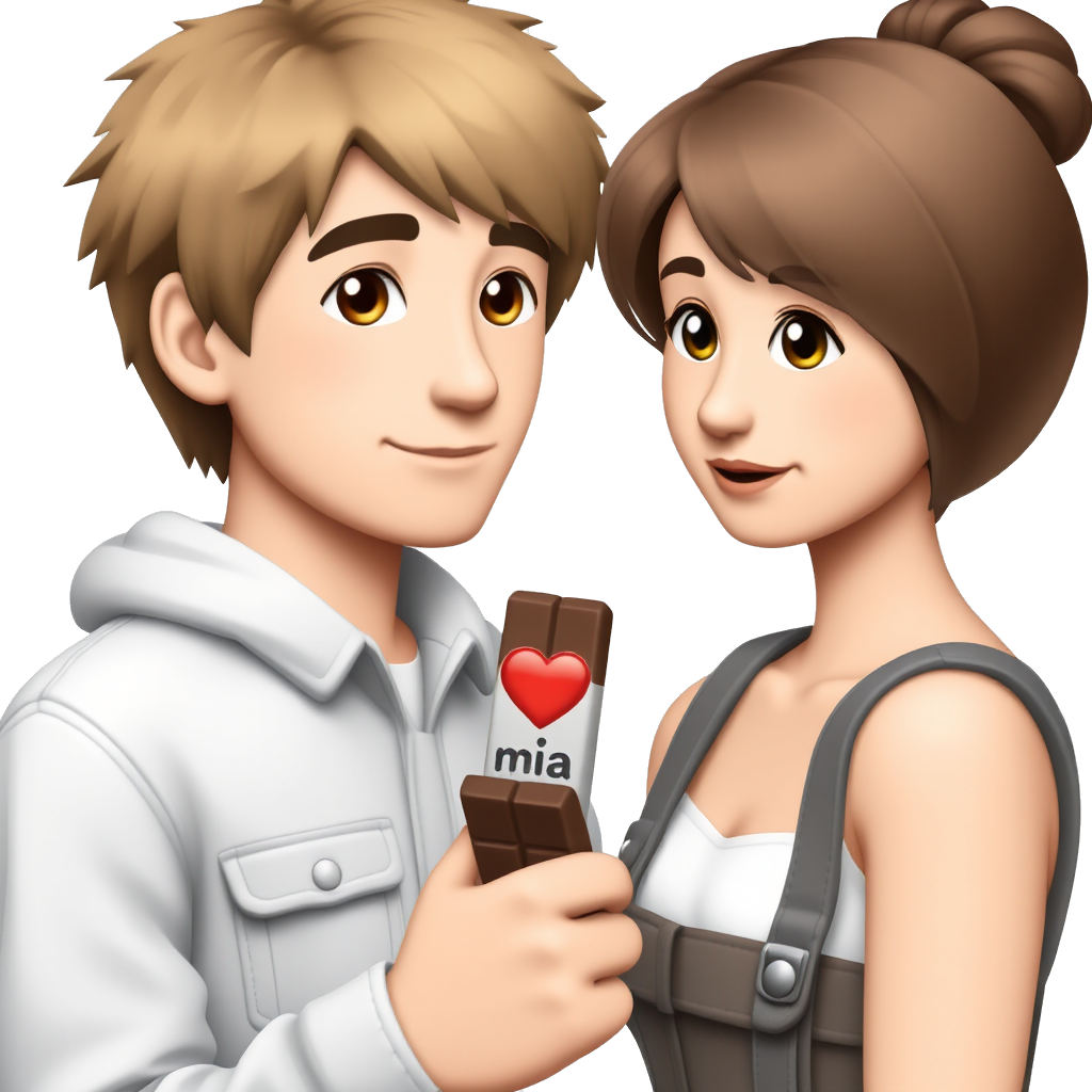 A 15 year old teenage boy with brownish blondish fluffy hair and brown eyes with a 13 year old girl he is dating with medium brown hair called mia, dhe is holding a chocolate bar and Nidal is saying i love you mia